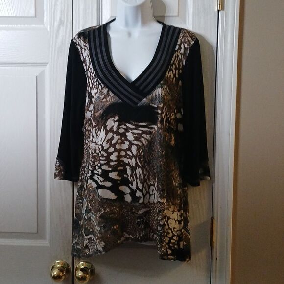 Libra multi print tunic black white tan  blouse Sz XL - Picture 1 of 9